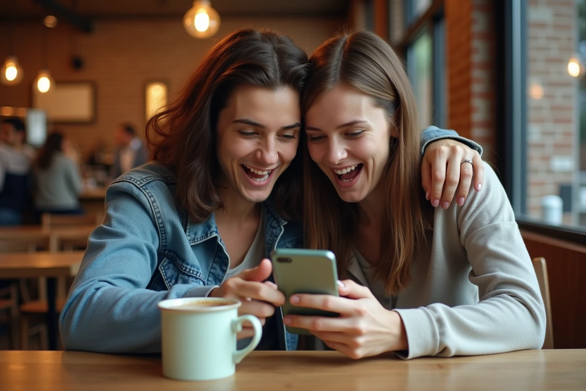 Deux amis d&eacute;couvrant ensemble comment obtenir des Monopoly gratuits sur Monopoly Go dans un caf&eacute; urbain