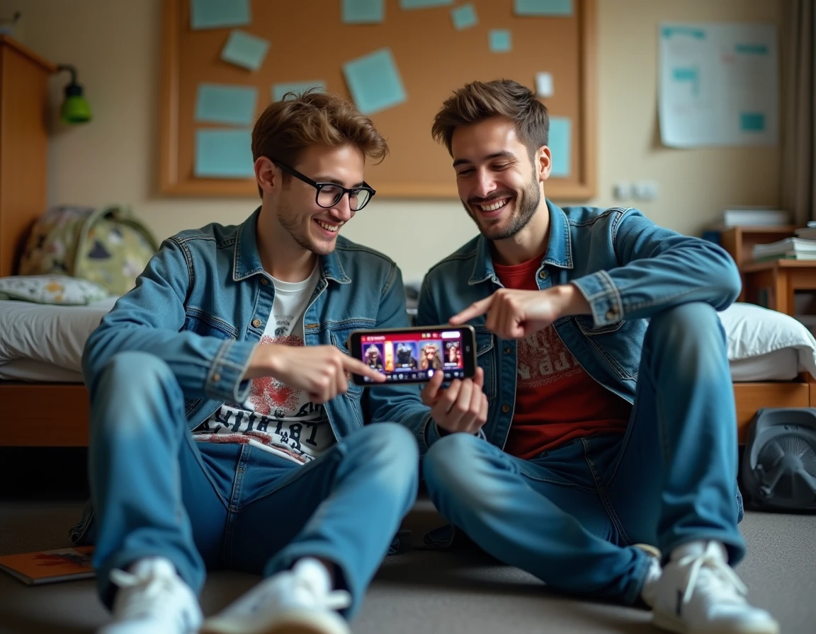 Deux amis d&eacute;couvrant ensemble les skins gratuits disponibles sur Fortnite via un smartphone