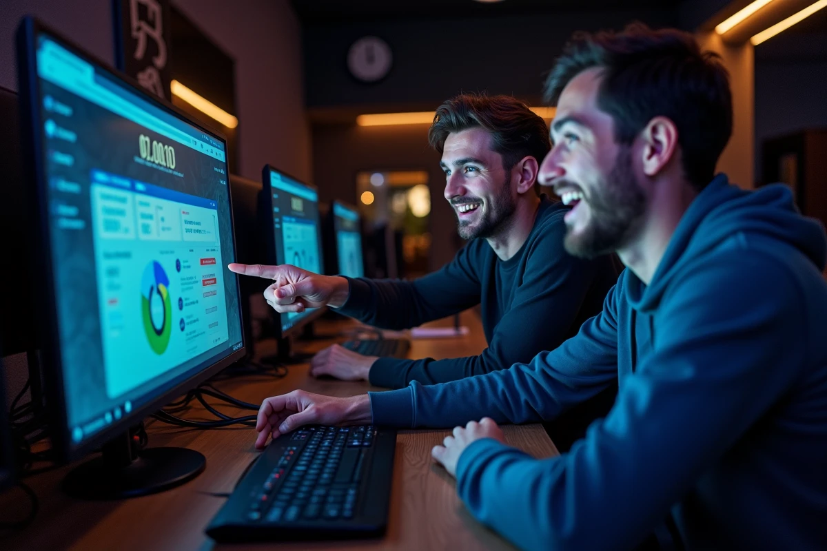 Deux amis gamers d&eacute;couvrant leur temps de jeu total accumul&eacute; sur League of Legends avec une expression de surprise amus&eacute;e
