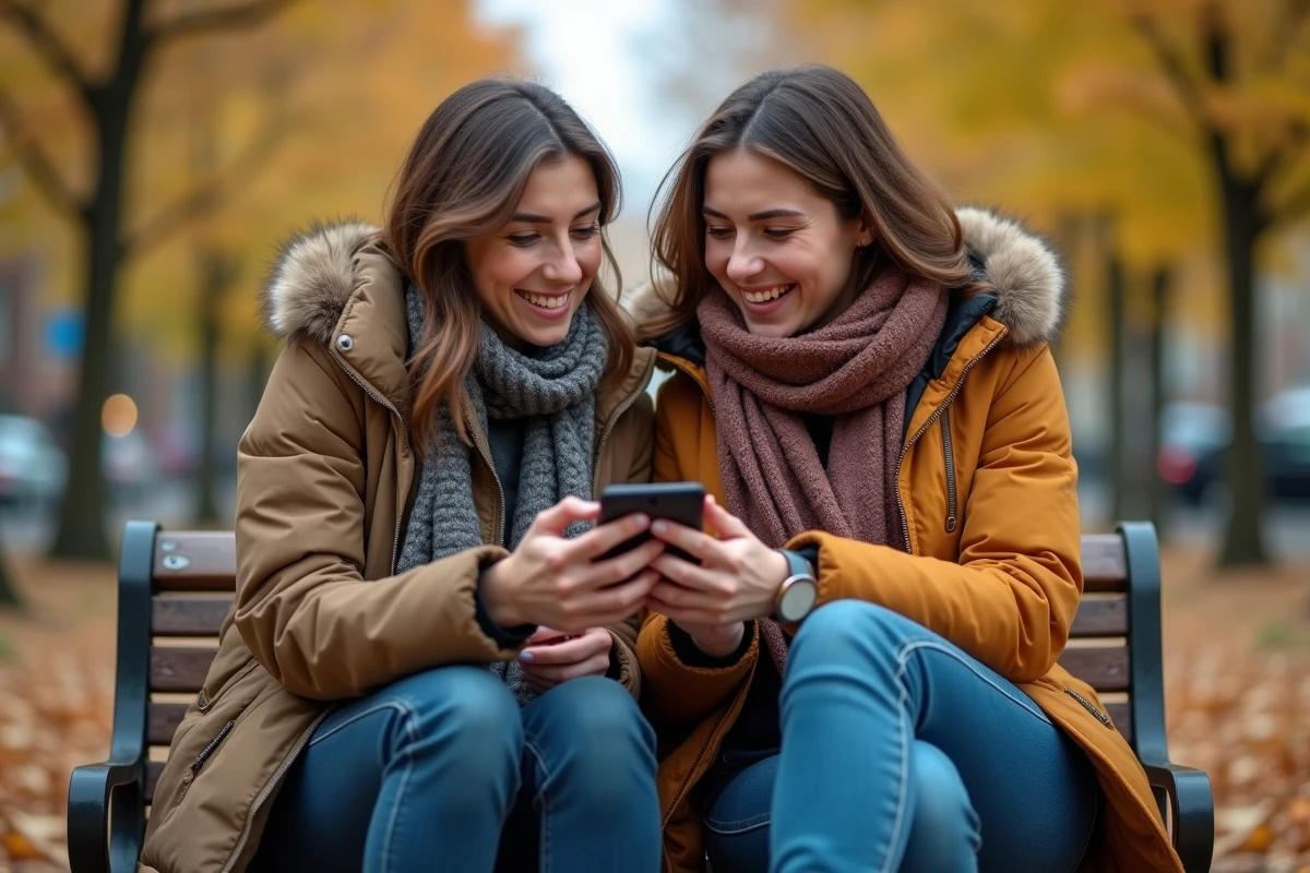 Deux amis d&eacute;chiffrant ensemble un message confus sur un t&eacute;l&eacute;phone dans un parc