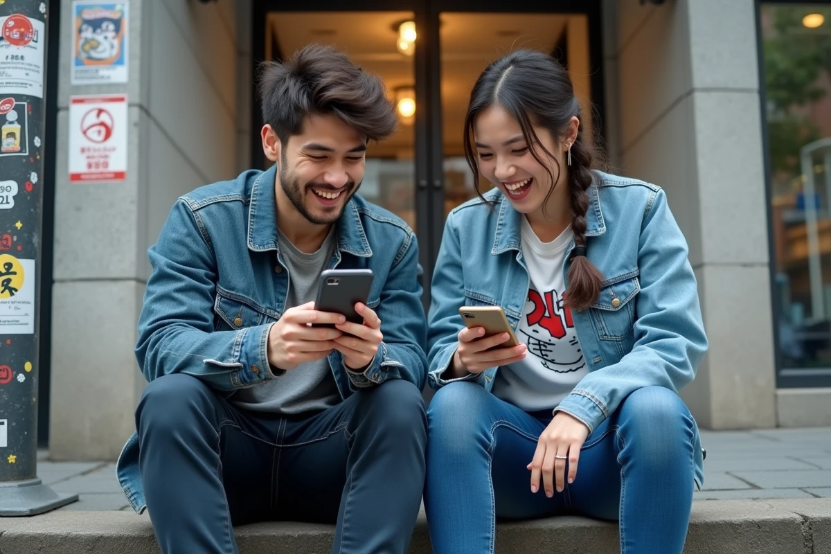 Deux amis passionn&eacute;s de manga discutant d'un nouveau scan One Piece sur leurs smartphones en ext&eacute;rieur urbain