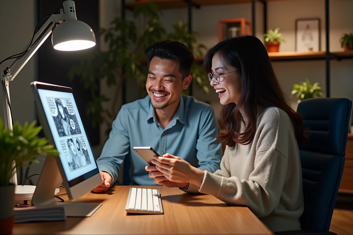 Deux amis partageant la lecture d'un scan One Punch Man sur tablette dans un bureau moderne