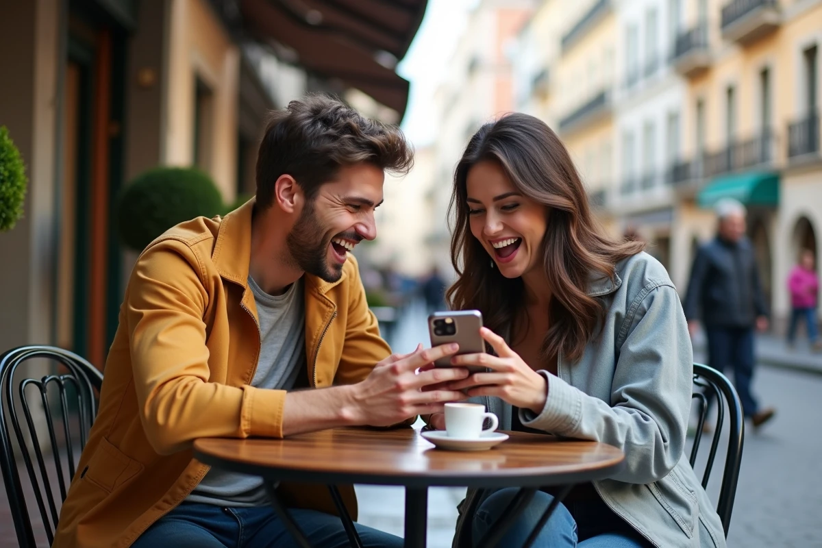 Deux amis partageant un lien Monopoly GO sur smartphone &agrave; la terrasse d'un caf&eacute; urbain avec des expressions de joie