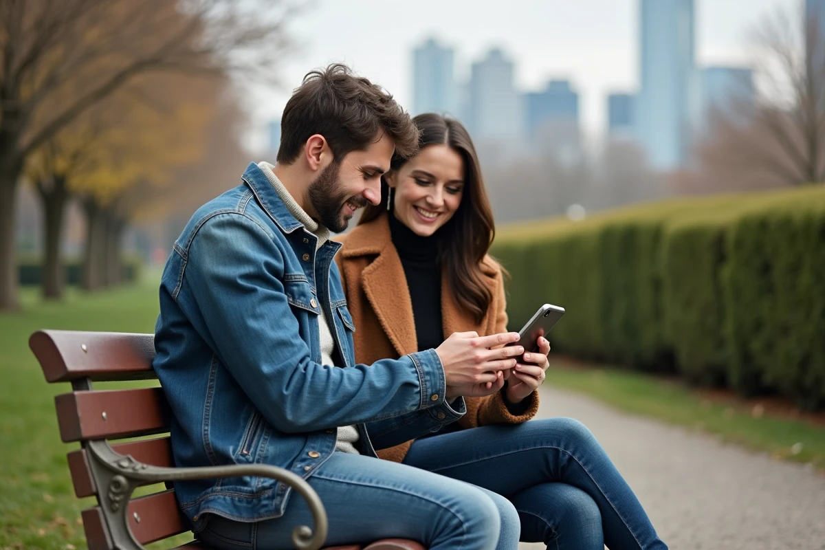 Deux amis discutant d'articles d'actualité variés sur un smartphone assis sur un banc dans un parc urbain