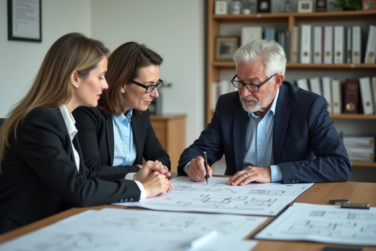 Deux professionnels analysant des rapports de conformit&eacute; ERP et des plans d'&eacute;vacuation dans un bureau municipal