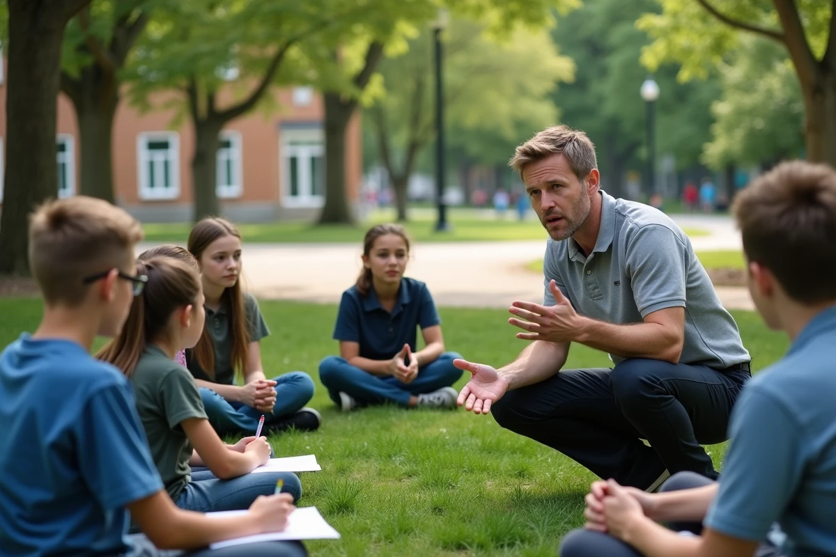 Animateur jeunesse masculin encadrant un groupe d'adolescents en plein air, symbolisant le leadership terrain avant une évolution vers la direction