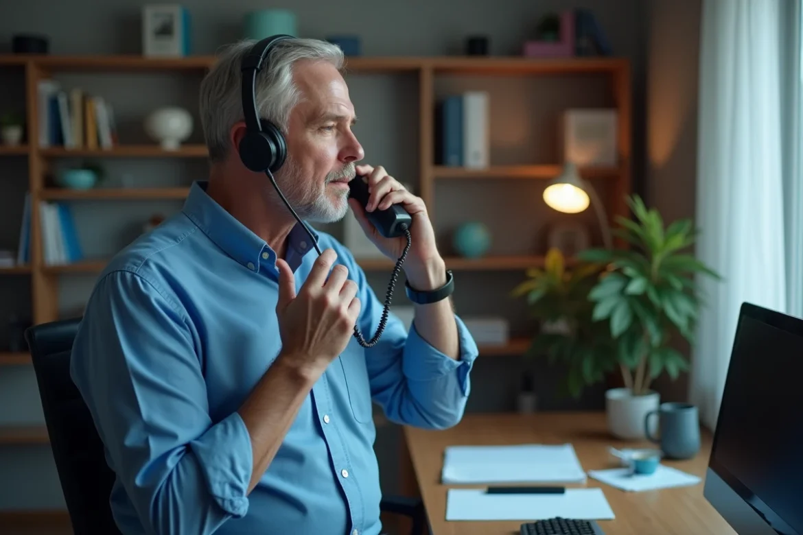 Homme appelant l'assistance technique Freebox en observant les voyants de sa box internet dans un bureau &agrave; domicile