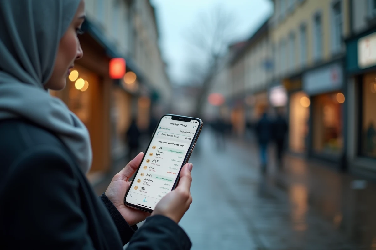 Femme voil&eacute;e consultant une application d'horaires de pri&egrave;re sur smartphone dans une rue fran&ccedil;aise