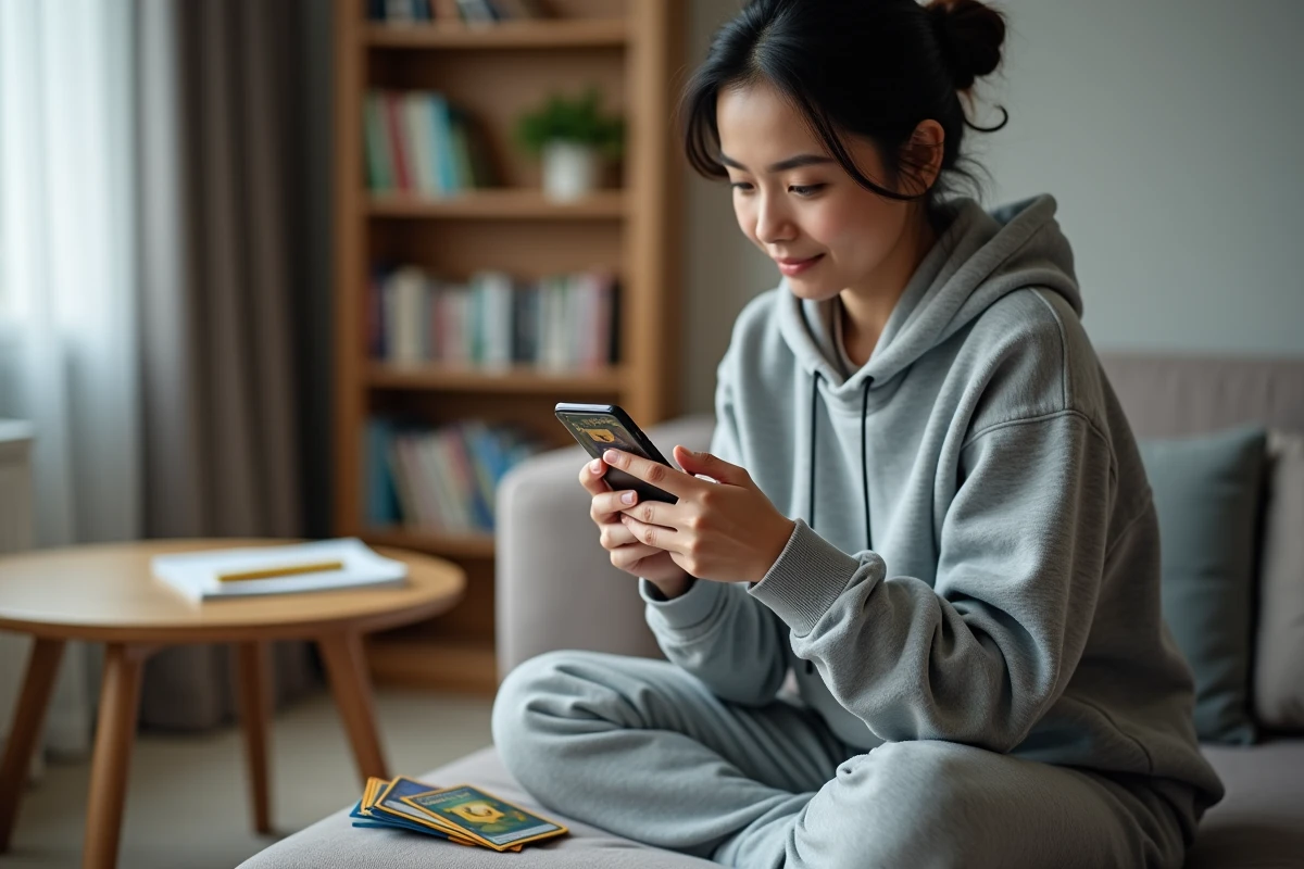 Joueuse consultant l'application Pokémon Pocket sur smartphone avec des cartes holographiques pour optimiser son deck vers Master Ball