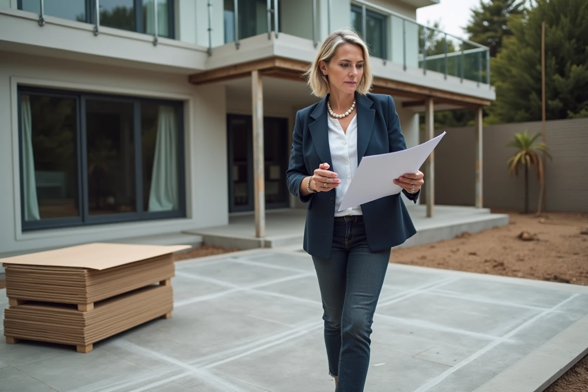 Architecte f&eacute;minine &eacute;tudiant les plans de pose de carrelage ext&eacute;rieur sur un chantier de terrasse en cours