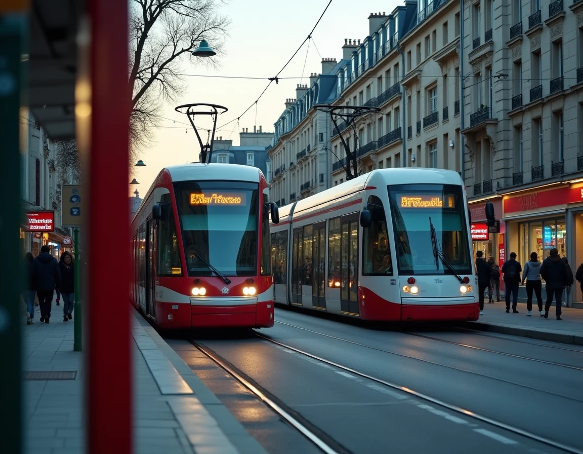 Arr&ecirc;t de tramway RATP en correspondance avec le m&eacute;tro ligne 3 et bus en plein Paris