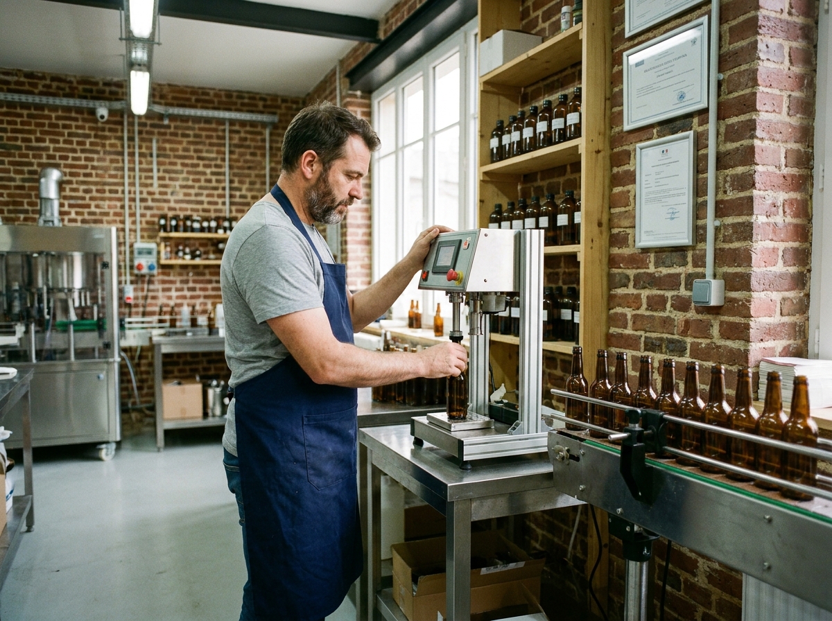 Artisan en atelier de fabrication artisanale d'e-liquides français remplissant des flacons avec une machine semi-automatique