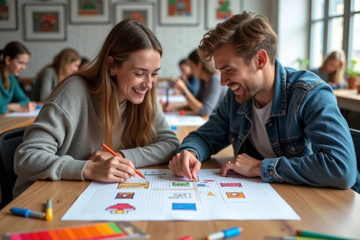 Deux jeunes adultes collaborant sur un dessin pixel art de personnages de jeux vid&eacute;o r&eacute;tro dans un atelier d'art convivial