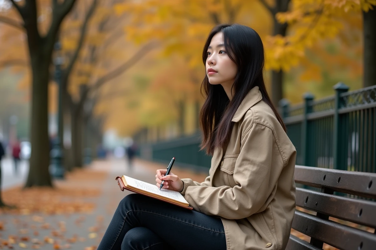 Jeune femme pensive assise dans un parc en automne avec un journal en cuir, dans une atmosph&egrave;re documentaire et introspective