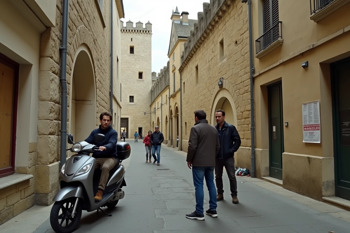 Ruelle médiévale d'Avignon intra-muros avec hommes en altercation près d'un scooter et touristes qui s'éloignent, zone sous tension