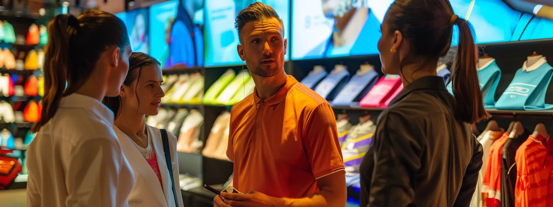 des professionnels échangent dans une discussion dynamique entourés de présentoirs de vêtements de sport éclatants.