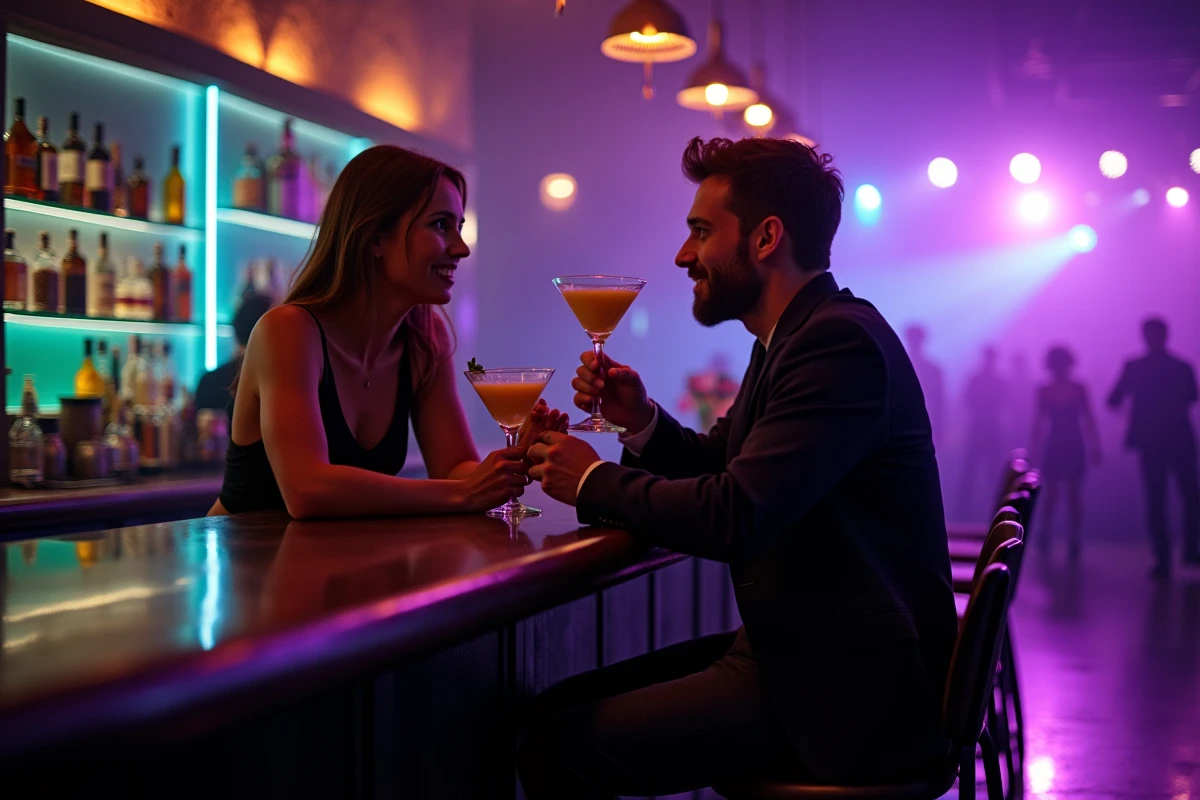 Deux amis sirotant des cocktails au bar d'une boîte de nuit à Perpignan dans une ambiance animée
