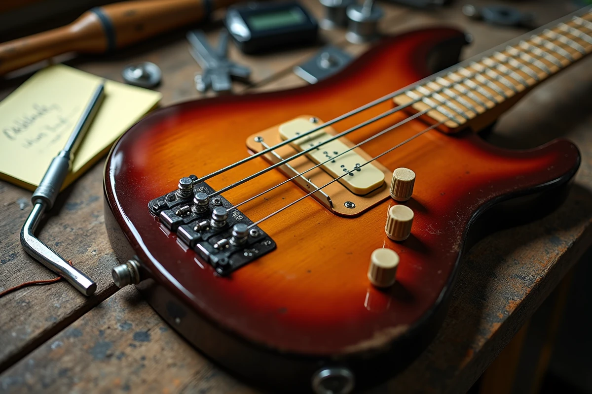 Gros plan d'une basse de pr&eacute;cision vintage pos&eacute;e sur un &eacute;tabli de luthier avec outils de r&eacute;glage et notes manuscrites de fr&eacute;quences de basse