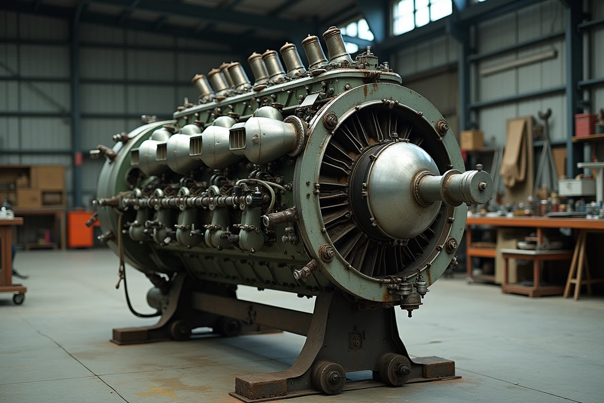 Moteur Daimler-Benz DB 605 extrait d'un Bf 109 G en cours de restauration sur un chevalet d'atelier, r&eacute;v&eacute;lant l'architecture m&eacute;canique complexe du V12 invers&eacute;
