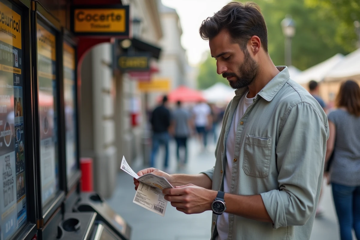 Homme comparant les prix des billets &agrave; l'entr&eacute;e d'une salle de concert &agrave; Lyon