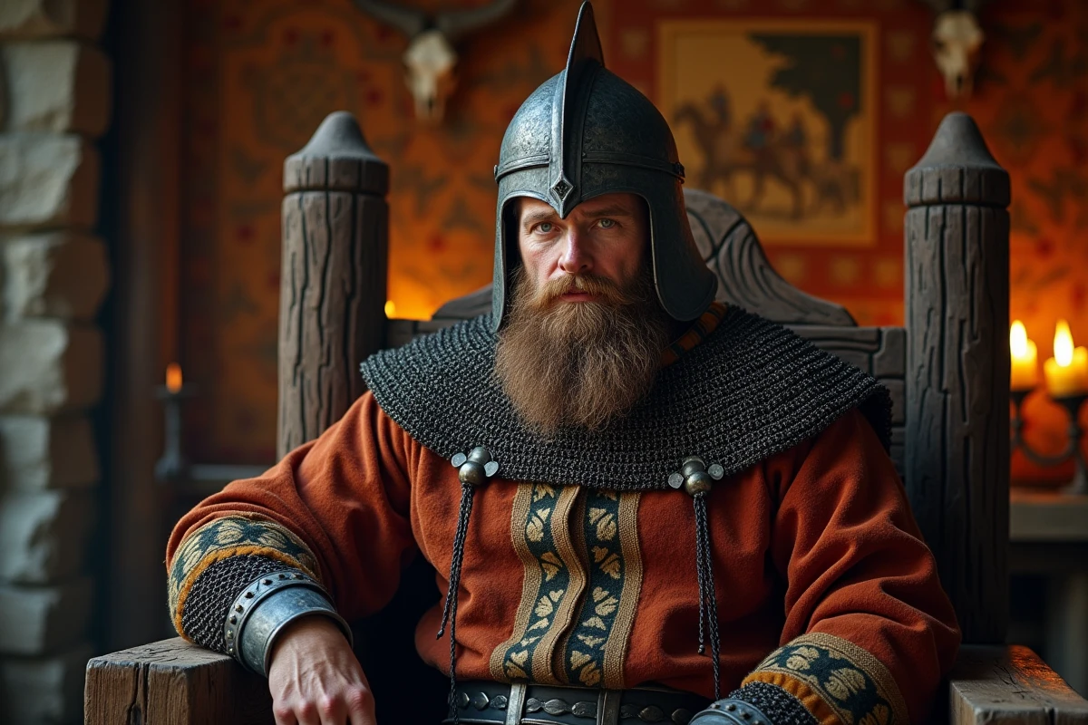Chef viking barbu en cotte de mailles assis sur un trône de bois sculpté dans une salle de banquet médiévale nordique