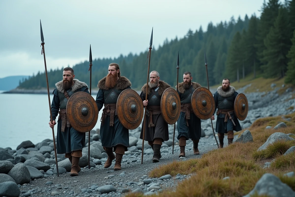 Groupe de guerriers vikings en armure marchant sur un rivage rocheux d'un fjord scandinave avec forêt de pins en arrière-plan