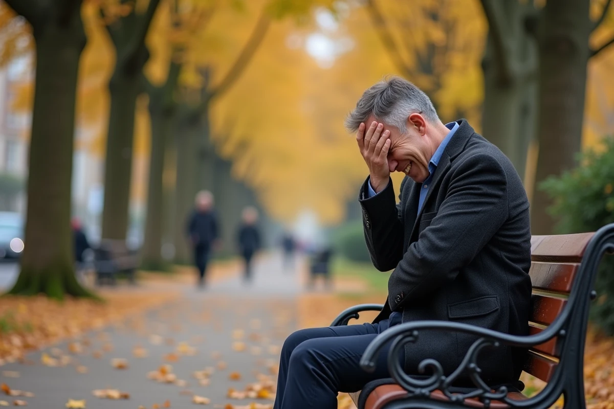 Homme seul sur un banc de parc en automne r&eacute;alisant qu'il vient de faire une blague g&ecirc;nante, exprimant malaise et sourire malgr&eacute; lui