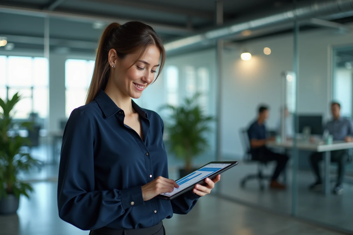 Femme professionnelle utilisant Gadrov sur une tablette dans un environnement de bureau moderne