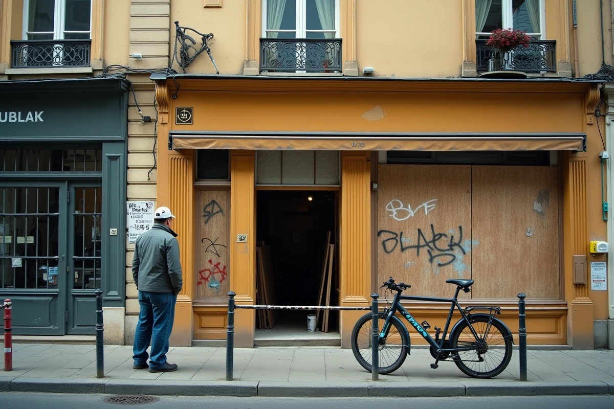 Rue commerçante de Bordeaux avec devantures fermées, tags et home d'affaires observant une facade dégradée, illustrant la dégradation récente