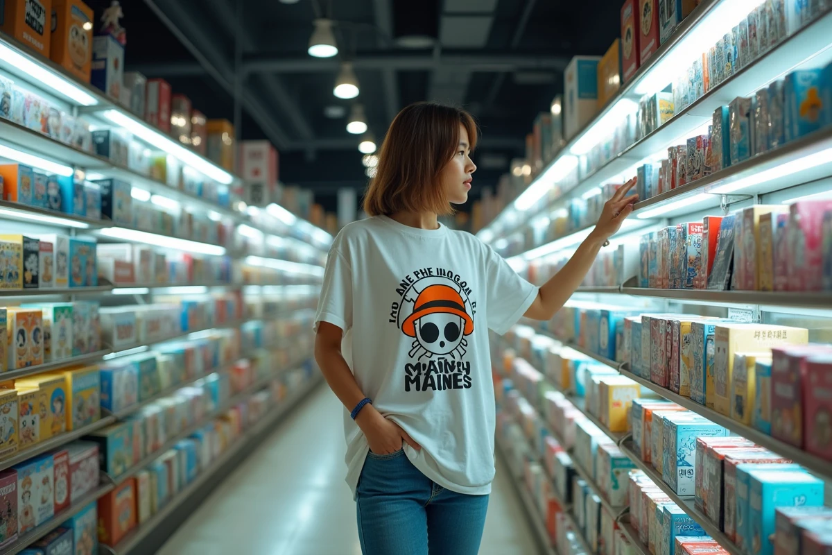 Femme explorant des produits d&eacute;riv&eacute;s One Piece dans une boutique de manga sp&eacute;cialis&eacute;e