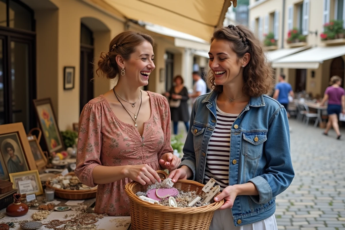 Deux femmes riant en fouillant des bijoux et accessoires vintage sur un marché brocante à Vannes, Morbihan, Bretagne