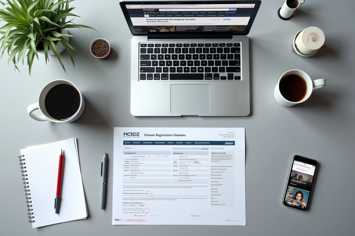 Vue aérienne d'un bureau avec données WHOIS imprimées, ordinateur portable et documents d'enquête journalistique sur un domaine web politique