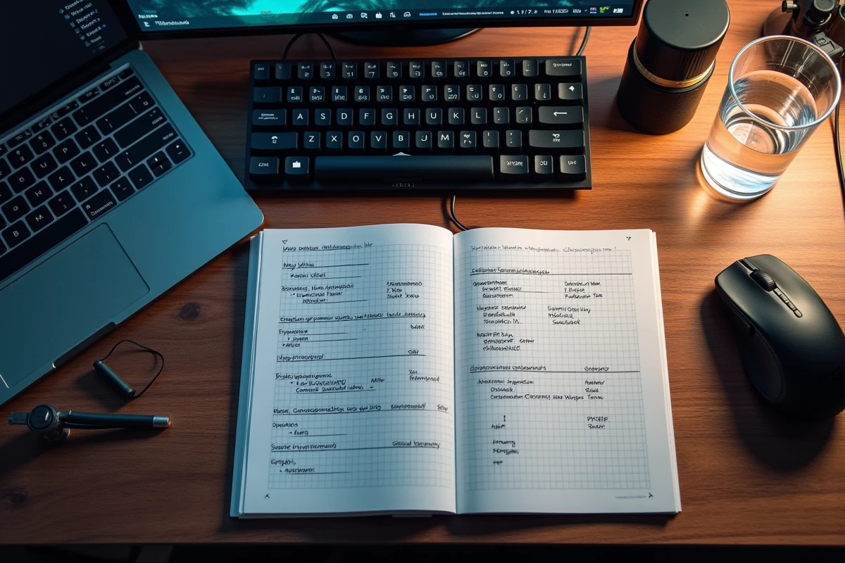 Vue a&eacute;rienne d'un bureau de gamer avec clavier m&eacute;canique, notes manuscrites sur les param&egrave;tres de mods et &eacute;cran d'ordinateur affichant les r&eacute;glages graphiques d'un jeu de simulation