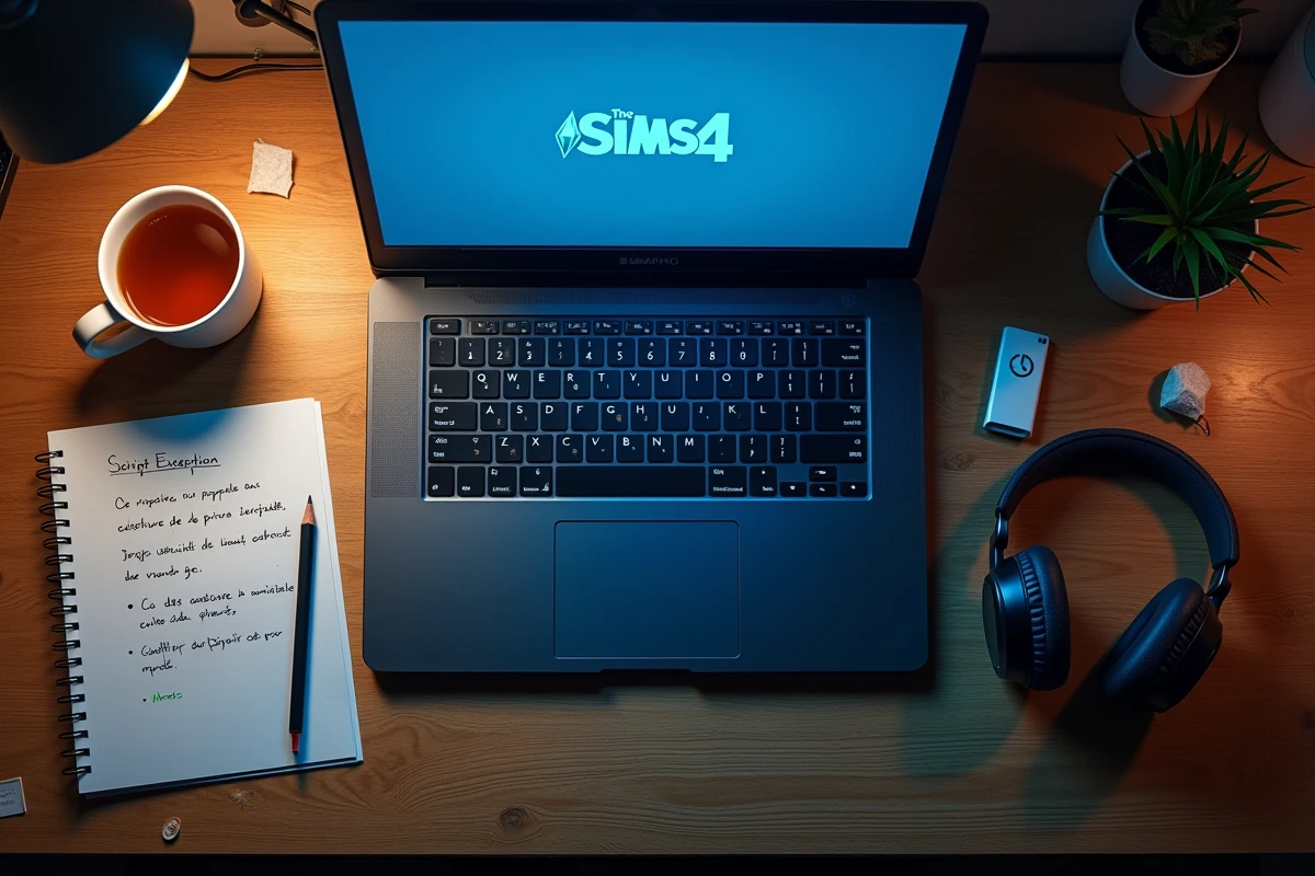 Vue a&eacute;rienne d'un bureau avec laptop affichant une erreur de script WickedWhims dans Les Sims 4 et notes de d&eacute;pannage manuscrites