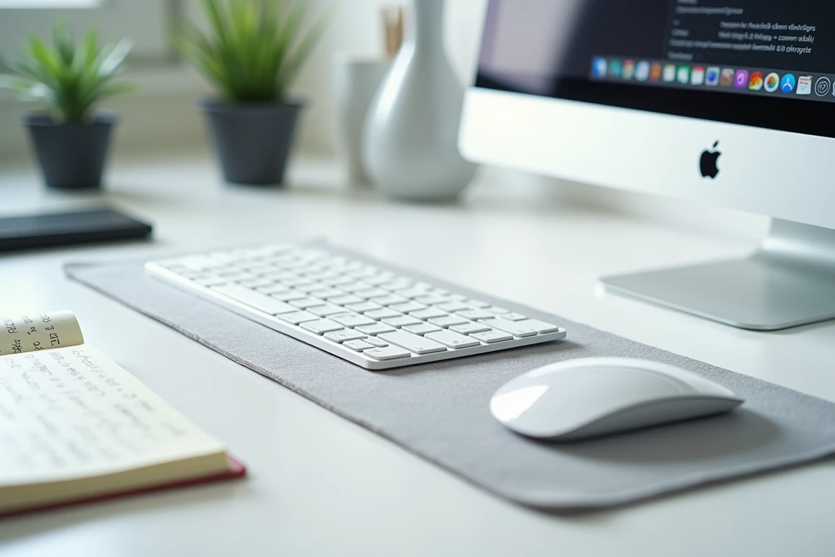 Vue en plongée d'un bureau minimaliste avec clavier, souris et écran affichant des paramètres de confidentialité en ligne