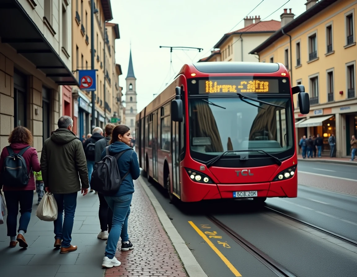 Bus TCL arrivant &agrave; un arr&ecirc;t anim&eacute; de la Presqu'&icirc;le &agrave; Lyon avec des passagers en attente