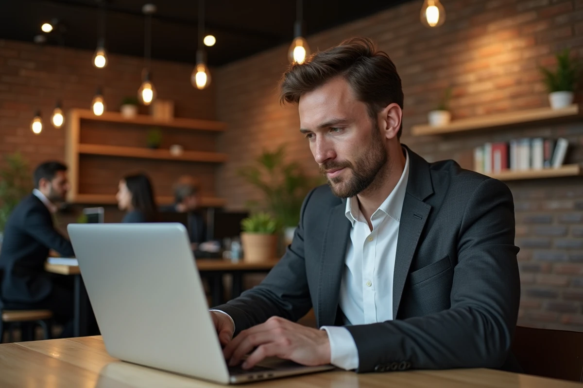 Cadre recherchant des opportunit&eacute;s d'emploi sur un portail de recrutement depuis un espace de coworking