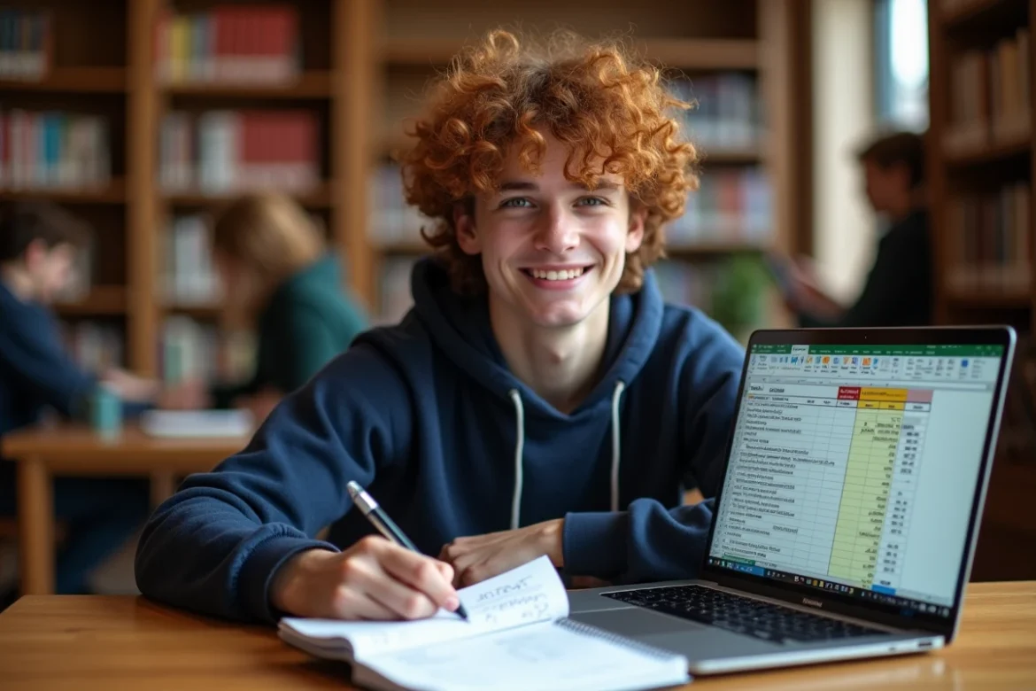 &Eacute;tudiant en biblioth&egrave;que prenant des notes sur le calcul de moyenne avec Excel