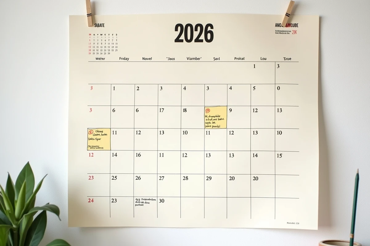 Calendrier mural papier 2026 avec les jours f&eacute;ri&eacute;s fran&ccedil;ais surlign&eacute;s et annot&eacute;s &agrave; la main