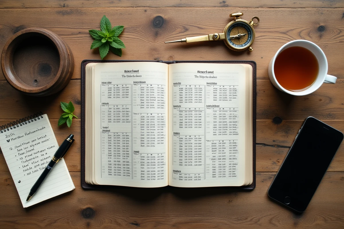 Vue a&eacute;rienne d'un calendrier de pri&egrave;re islamique, boussole et smartphone sur une table en bois