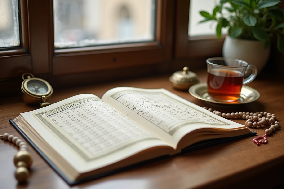 Calendrier des horaires de pri&egrave;re de Montpellier pos&eacute; sur un bureau avec boussole et chapelet islamique
