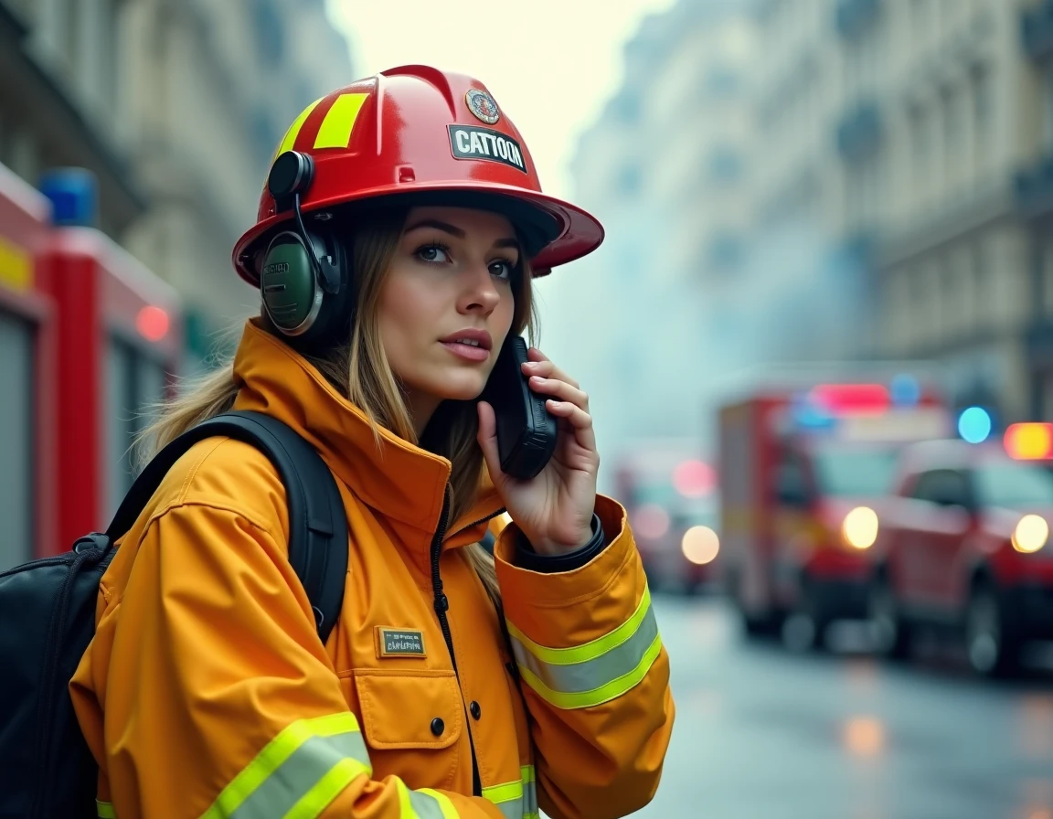 Capitaine femme pompier donnant des instructions radio lors d'une opération d'urgence en milieu urbain