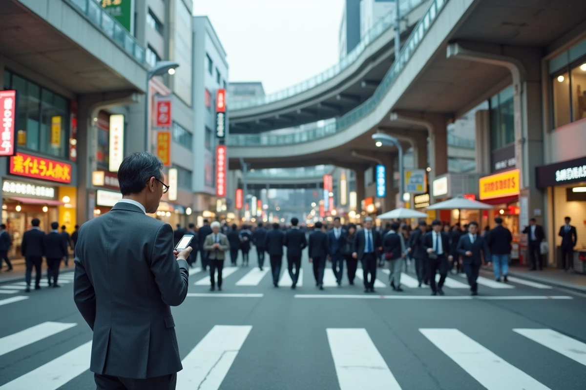 Carrefour animé d'Osaka au Japon avec des passants en costume traversant une grande intersection urbaine sous des enseignes néon