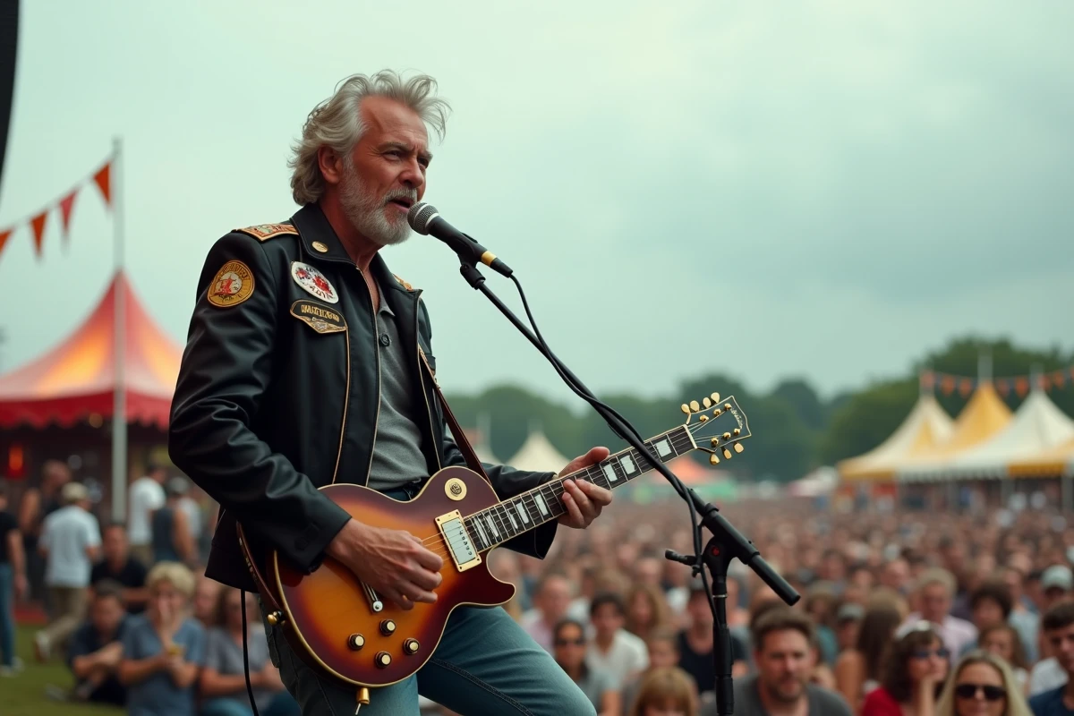 Chanteur américain style années 80 en veste satin jouant de la guitare lors d'un festival rétro en plein air