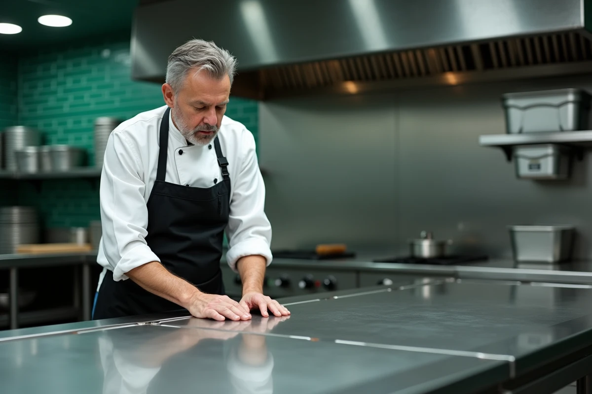 Chef cuisinier inspectant une table de préparation en inox dans une cuisine professionnelle de restaurant