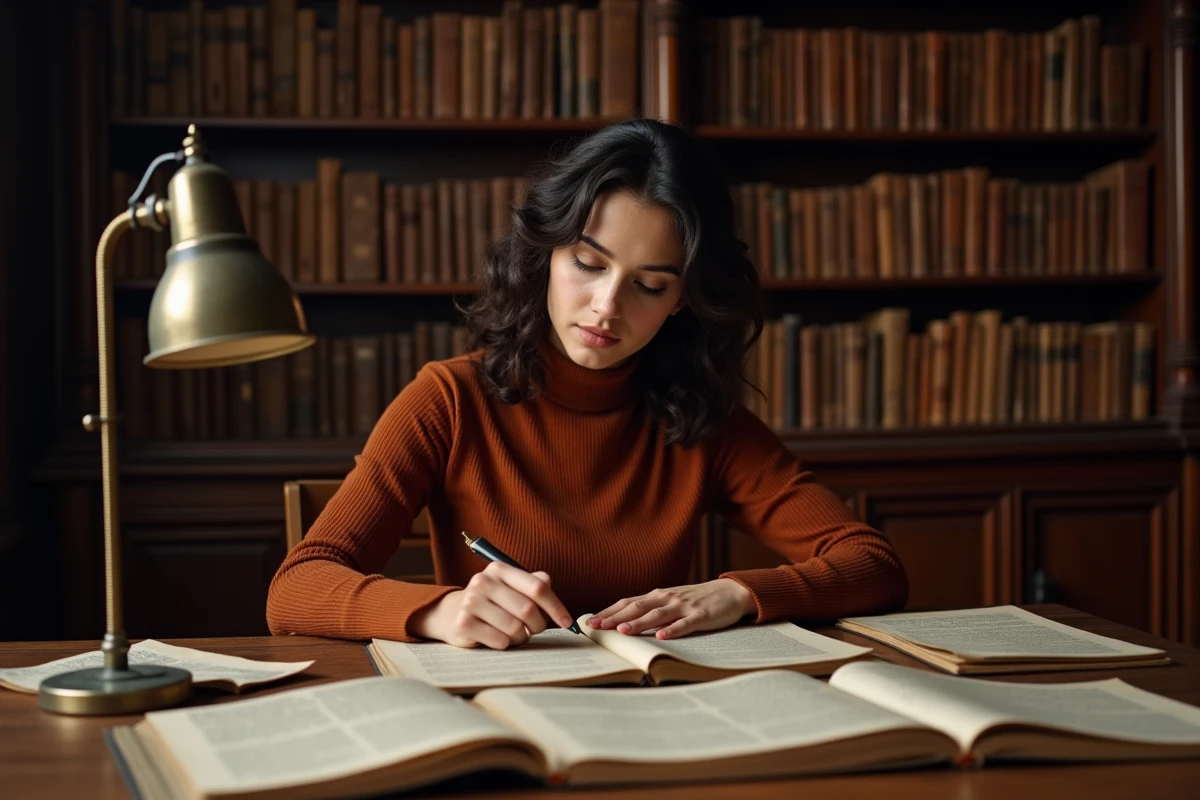 Jeune chercheuse italienne &eacute;tudiant des documents historiques sur l'antifascisme dans une archive universitaire