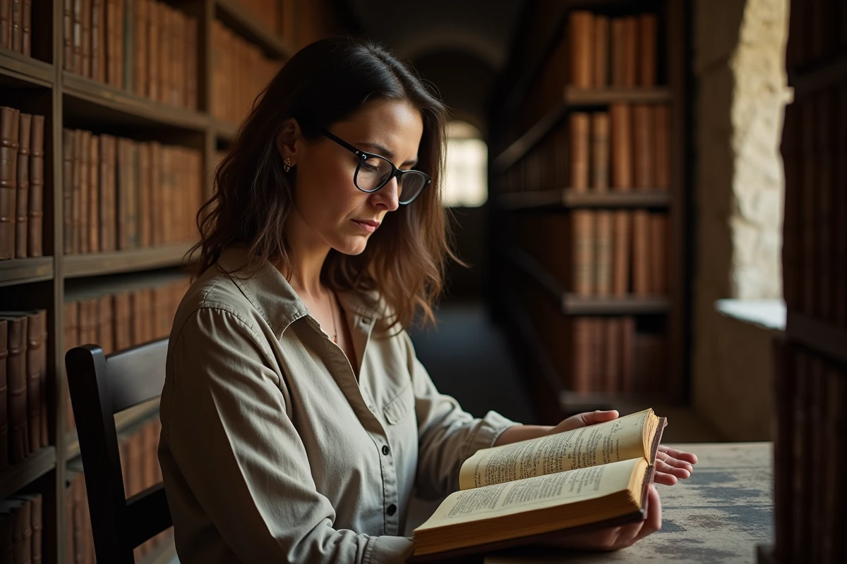 Chercheuse consultant d'anciens registres paroissiaux dans une archive historique en Sardaigne