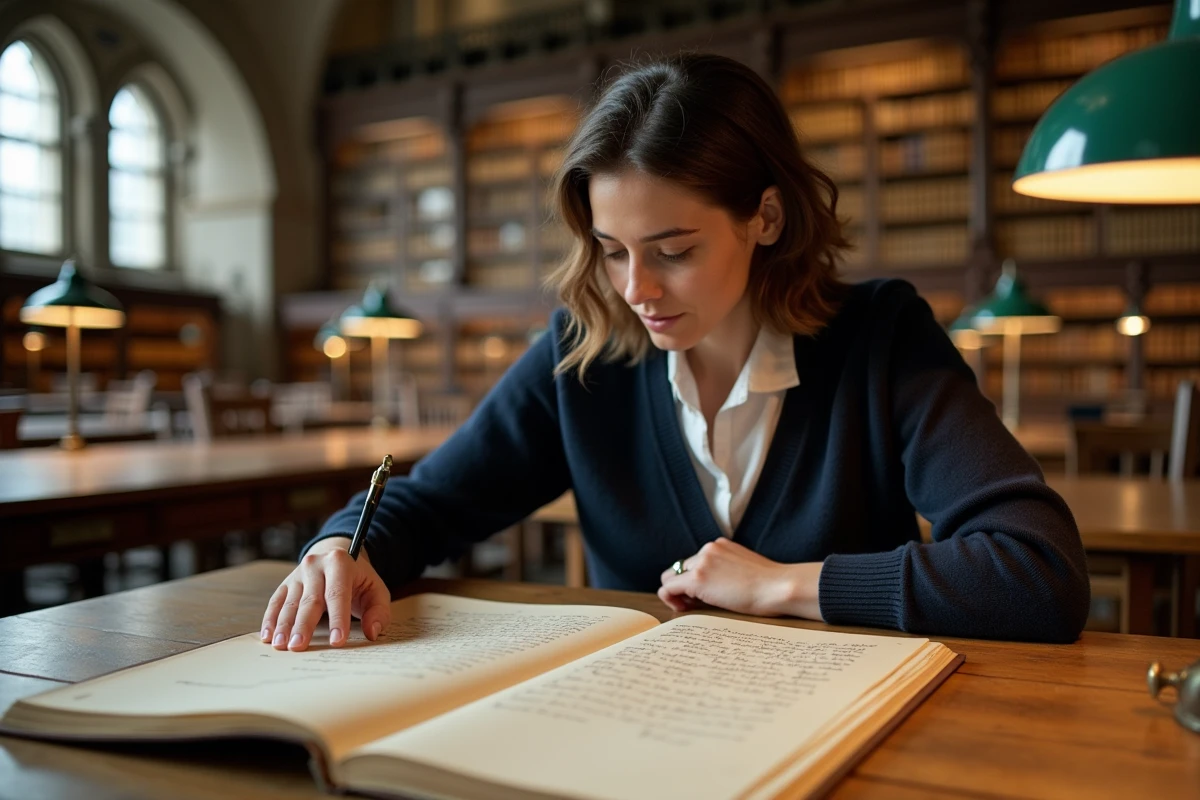 Chercheuse examinant une reproduction de lettre napoléonienne dans une salle de lecture universitaire avec archives historiques