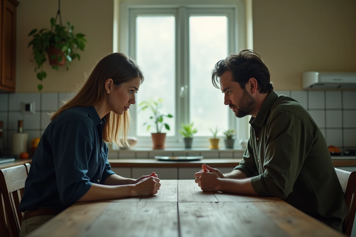 Couple en silence &agrave; une table de cuisine, exprimant la rupture de confiance et la trahison dans une relation amoureuse