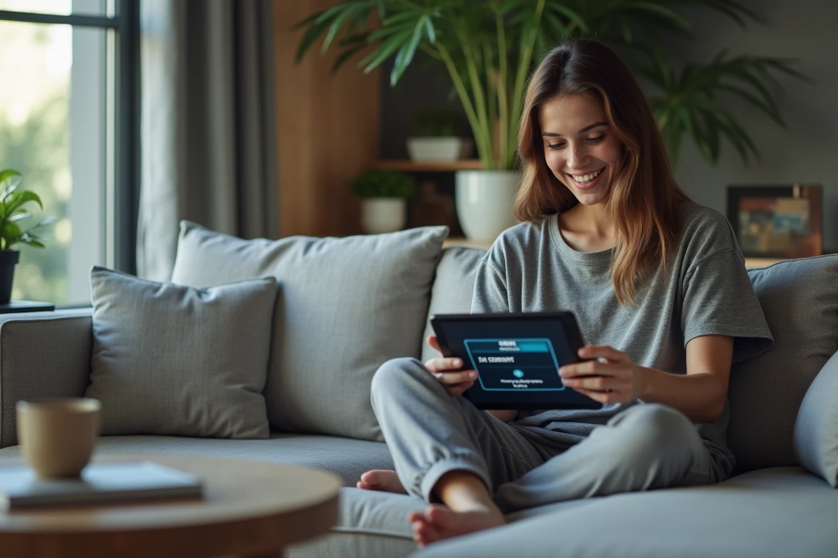 Jeune femme consultant les codes de jeu anime sur une tablette dans son salon moderne
